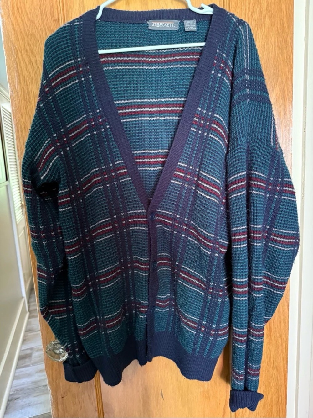 JT Beckett Vintage Blue and Green Plaid Button Down Cardigan Sweater Size 46-48